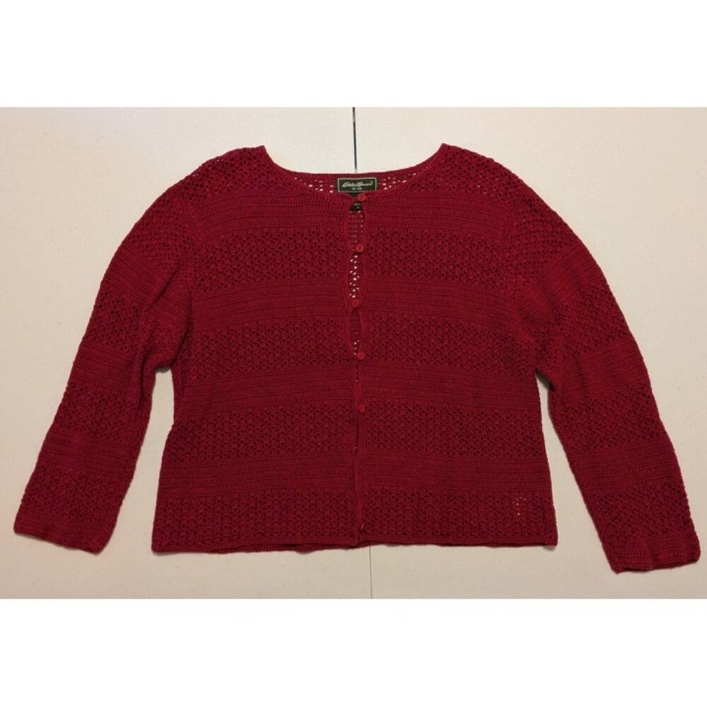 Eddie Bauer red loose knit linen blend three-quarter sleeve cardigan FLAWED